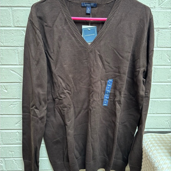 Land’s End NWT women’s brown vneck cotton sweater size xl - Picture 1 of 5